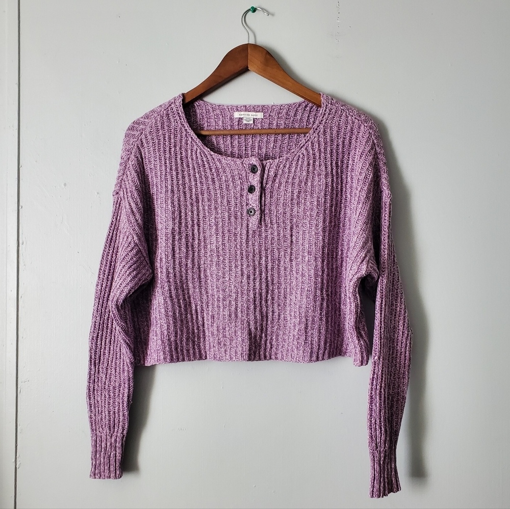 American Eagle | Speckled Knit Long Sleeve Cropped Waist Pullover Sweater